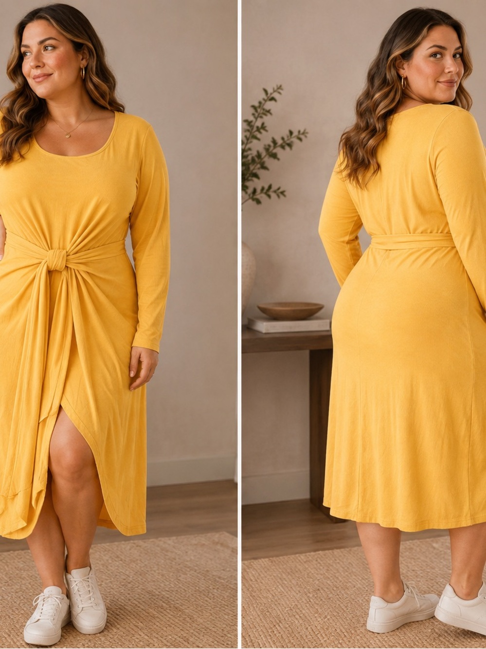 Women’s Knot-Front Long Sleeve Midi Dress in Mustard Yellow